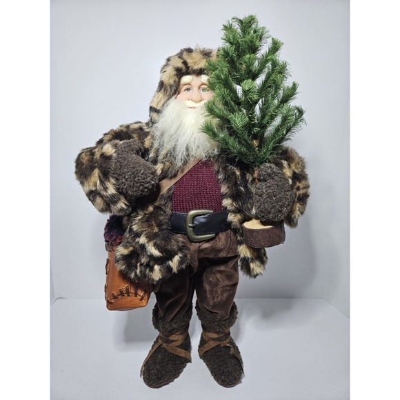 Other - Woodland Santa Claus Figurine Leopard Print Faux‎ Fur Coat Christmas Tree Rustic